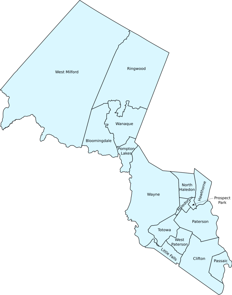 Map of a region in Passaic County, NJ showing boundaries and labels for West Milford, Ringwood, Wanaque, Bloomingdale, Pompton Lakes, Wayne, North Haledon, Haledon, Hawthorne, Paterson, Totowa, West Paterson, Little Falls, Clifton, and Passaic.