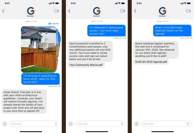 Screenshots of a text message conversation about community pool access, HOA permits, and board meeting scheduling, with an image of a backyard fence.