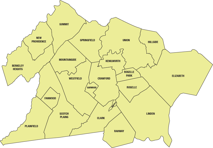 Map of Union County, NJ, including Summit, New Providence, Berkeley Heights, Fanwood, Scotch Plains, Plainfield, Clark, Rahway, Linden, Elizabeth, Roselle, Roselle Park, Kenilworth, Cranford, Westfield, Mountainside, Springfield, Union, Hillside