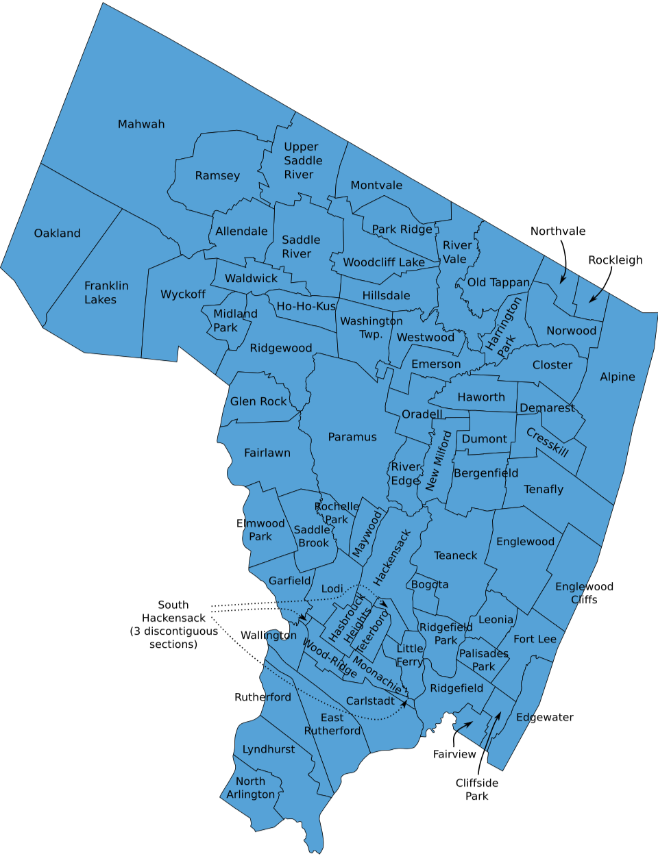 Map of Bergen County, New Jersey, showing its various neighborhoods labeled with their names.