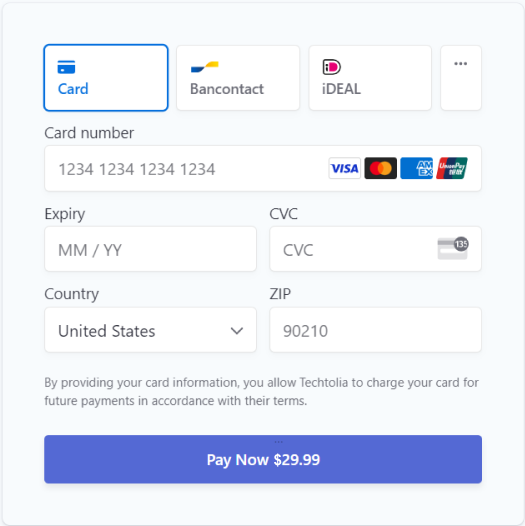 Online payment form for credit card, with fields for card number, expiry, CVC, country, ZIP code, and a 'Pay Now' button showing $29.99