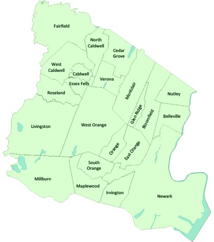 A map of Essex County, New Jersey, showing municipalities. Fairfield, North Caldwell, Cedar Grove, West Caldwell, Caldwell, Essex Fells, Verona, Montclair, Nutley, Bloomfield, Belleville, East Orange, Orange, South Orange, Maplewood.