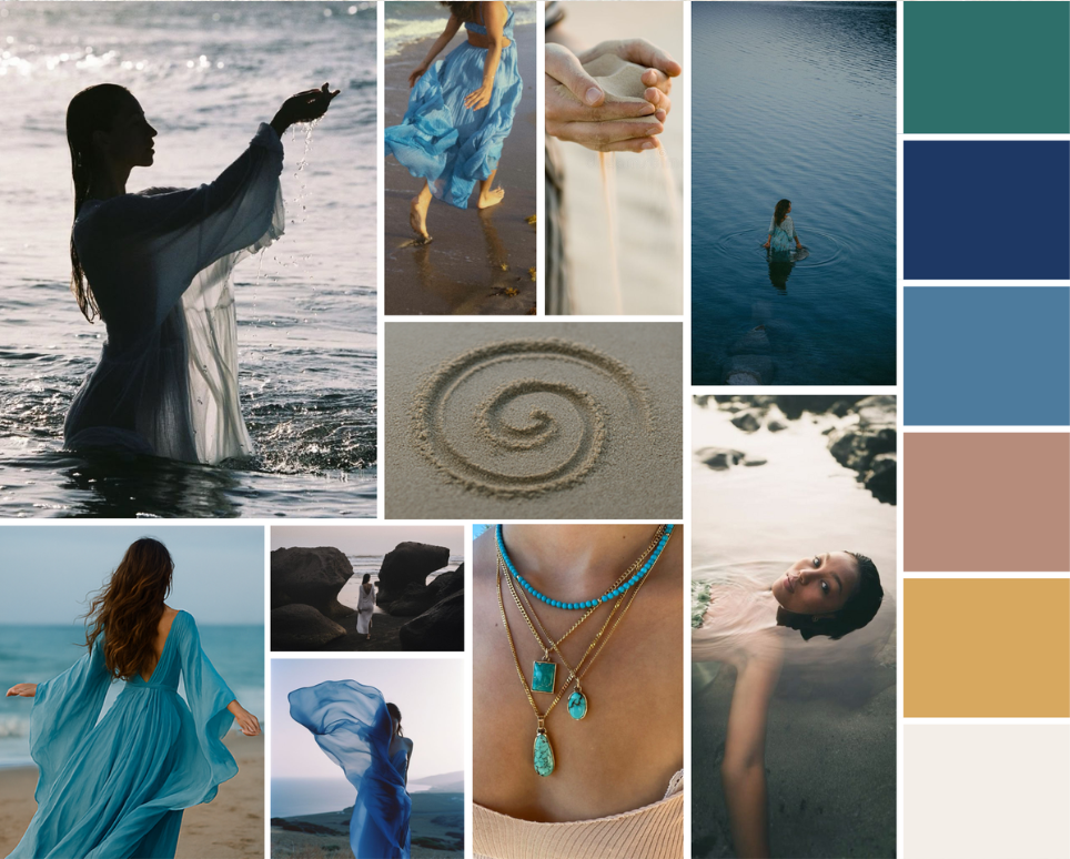 Collection of images featuring women at the beach and in water, with necklaces and a spiral drawing in the sand.