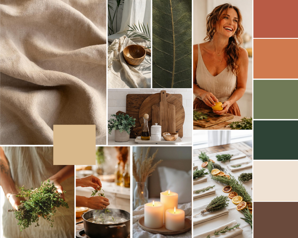 Collage of natural and rustic elements including beige fabric, wooden bowls, green leaves, a smiling woman preparing food, natural kitchen decor, and a table setting with herbs, dried citrus slices, and candles.