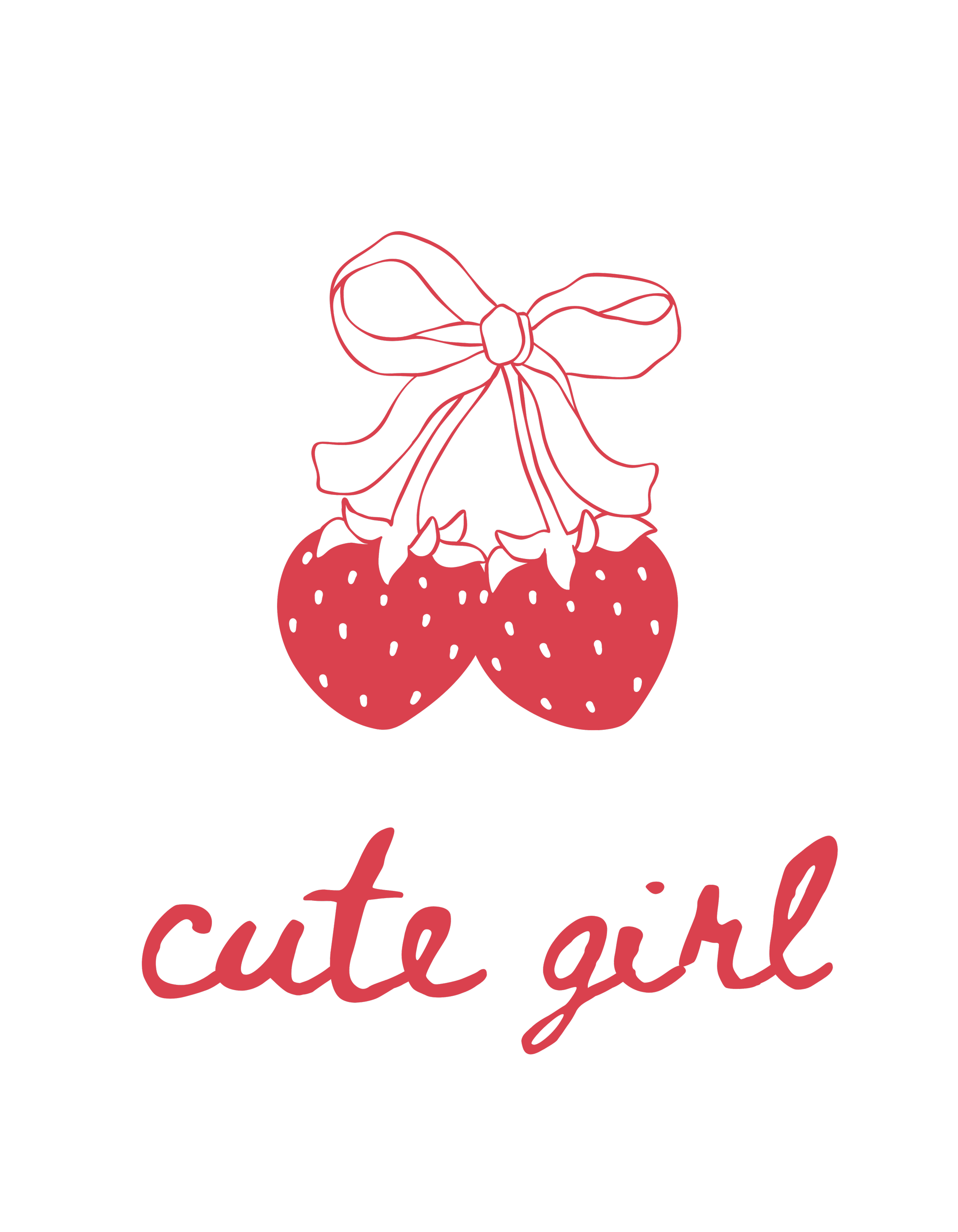 A graphic design featuring a pair of strawberries with a ribbon and bow on top, with the words "cute girl" written in cursive below in pink on a black background.