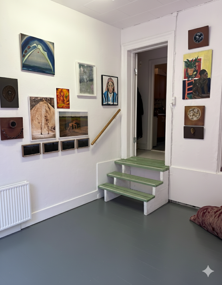 A view through a decorative hanging installation made of cutout paper or metal leaves, looking outside at a sunny street scene with trees and buildings.