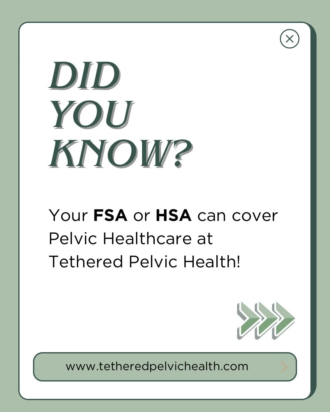 ✨ Did you know your FSA or HSA may cover pelvic health care?

Many people delay pelvic floor therapy because they think it&rsquo;s out of reach &mdash; but for some, this care is already available through pre-tax health dollars.

At Tethered Pelvic H