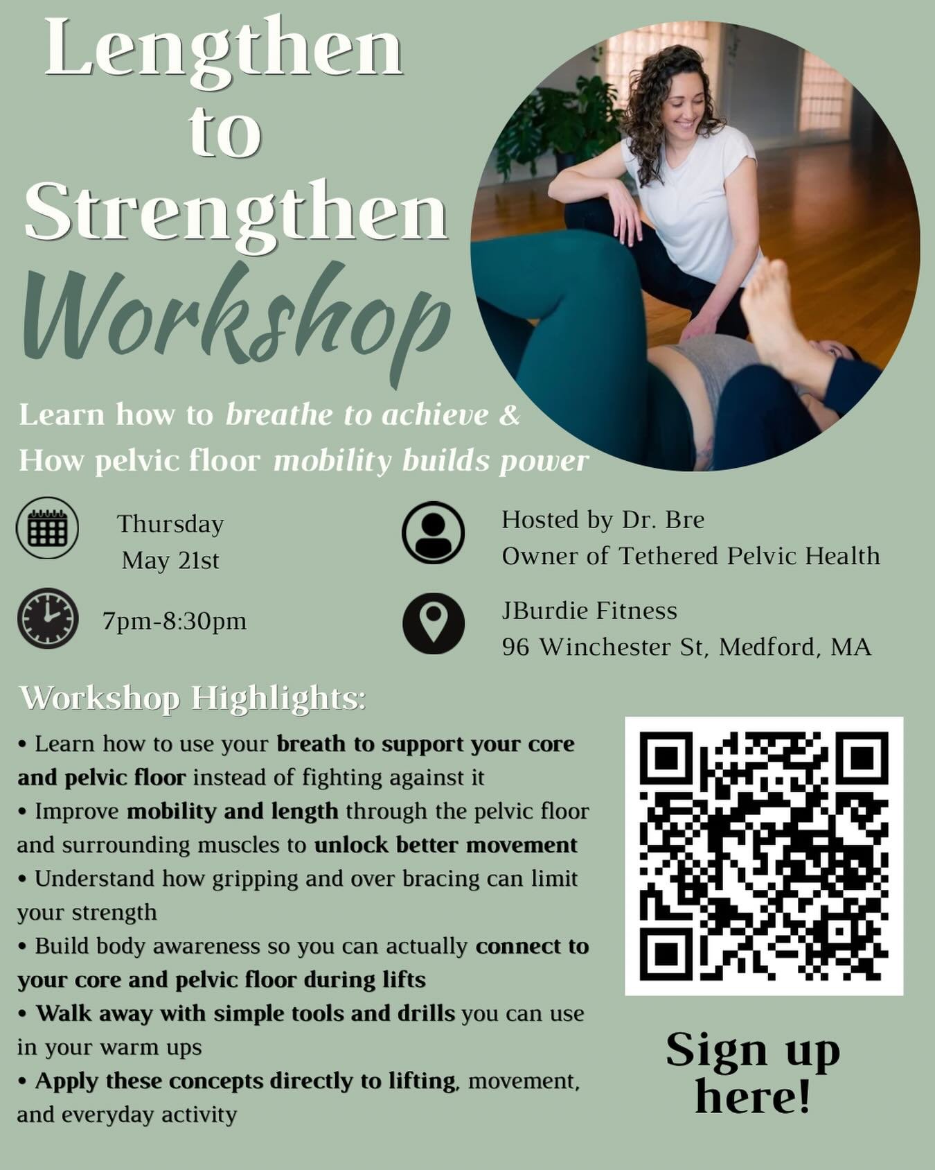 Lengthen to Strengthen 💪 

I&rsquo;m teaming up with JBurdie Fitness to bring you a workshop all about building real strength from the inside out.

📍 JBurdie Fitness
96 Winchester St, Medford, MA
🗓 Thursday, May 21st
⏰ 7:00&ndash;8:30pm

Special p