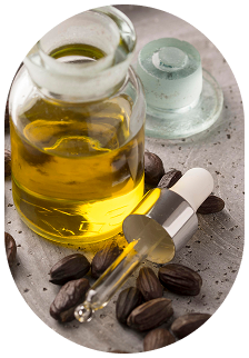 A glass jar of yellow oil, a glass infusion bottle with a dropper, a hockey puck, and some dark seeds on a gray surface.