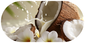 Coconut and coconut pieces with white flowers