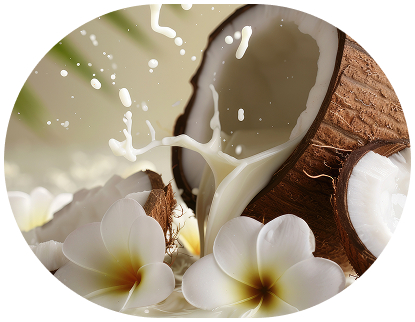 Coconut halves with coconut milk being poured, surrounded by white plumeria flowers.