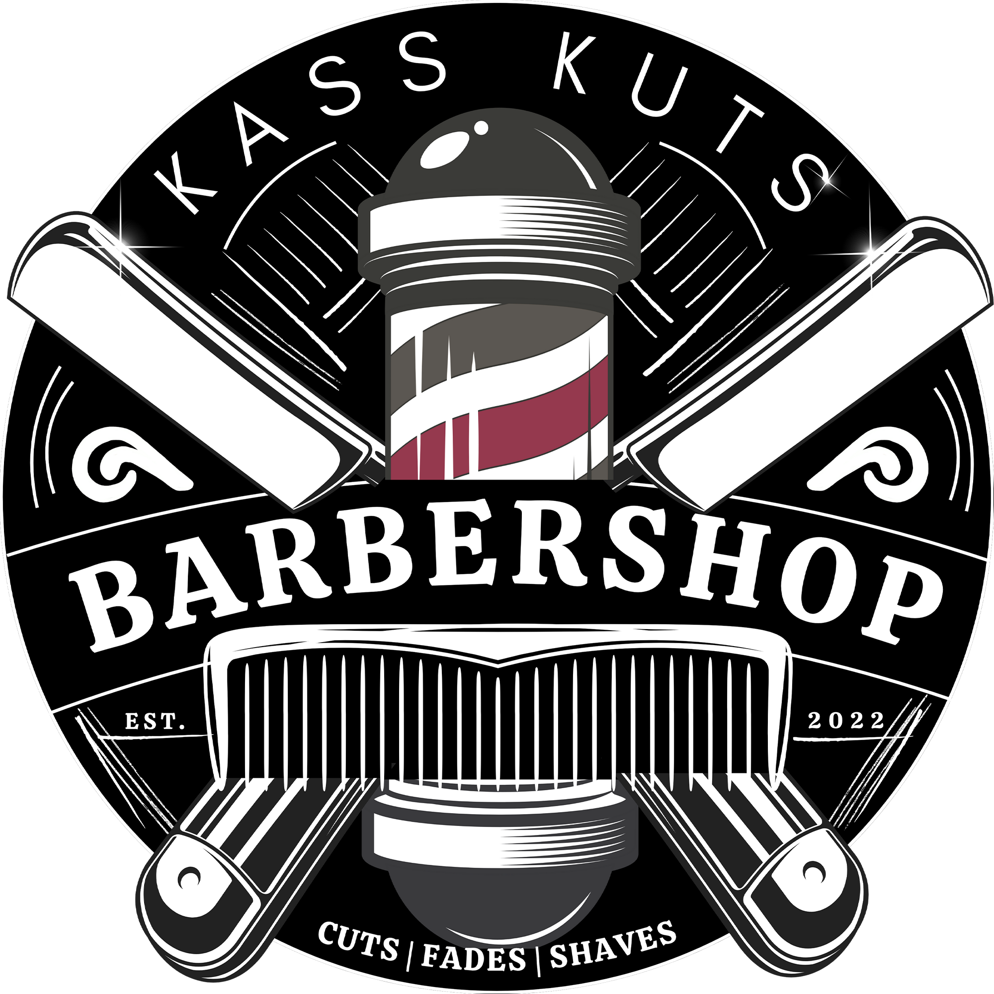 Barbershop logo featuring a straight razor, a barber pole, and scissors, with the text 'Kass Kuts Barbershop,' established 2022, offering cuts, fades, and shaves.