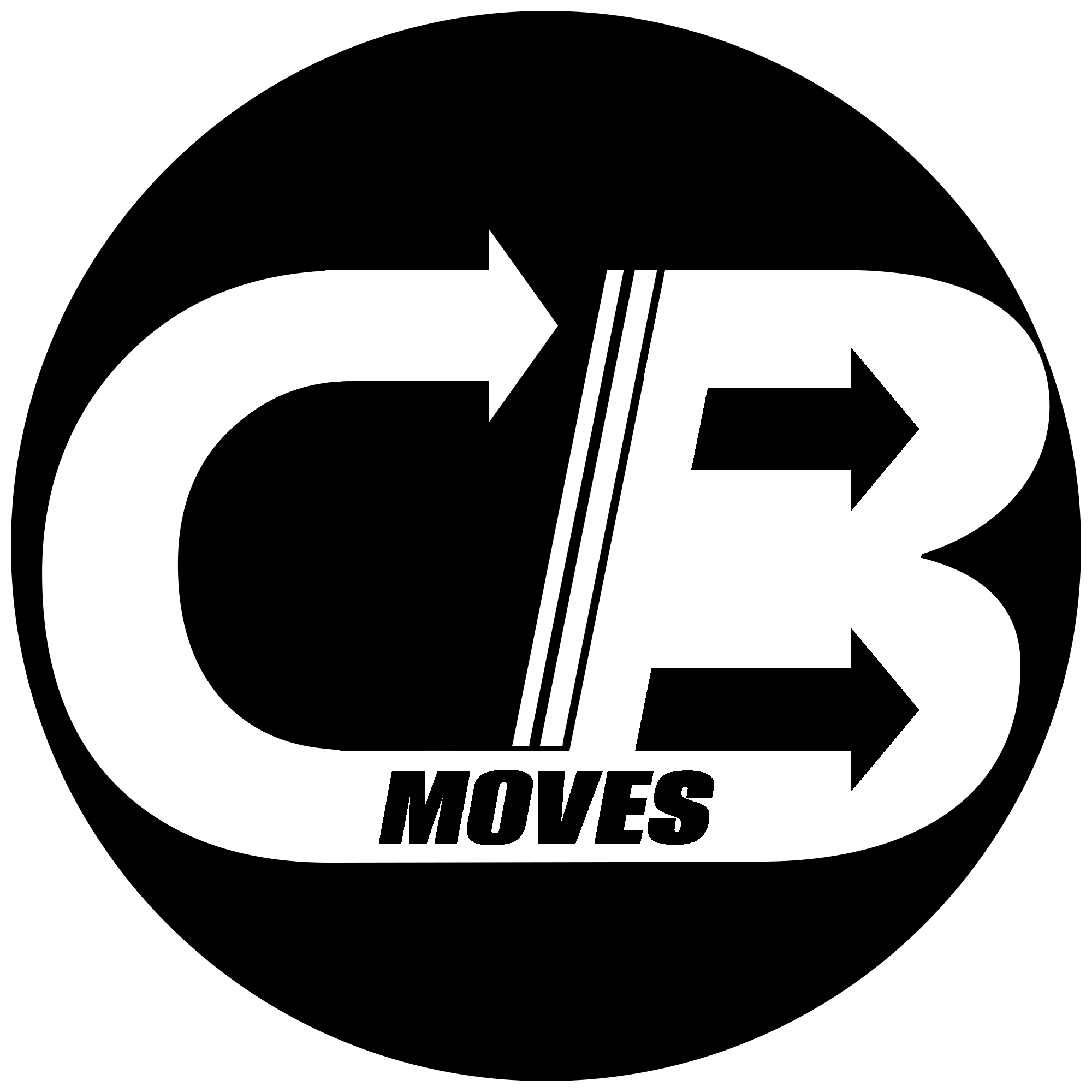 A circular black and white graphic with large doubled arrows, the word 'MOVES' underneath, and stylized letters 'C' and 'B' with arrows pointing to the right.