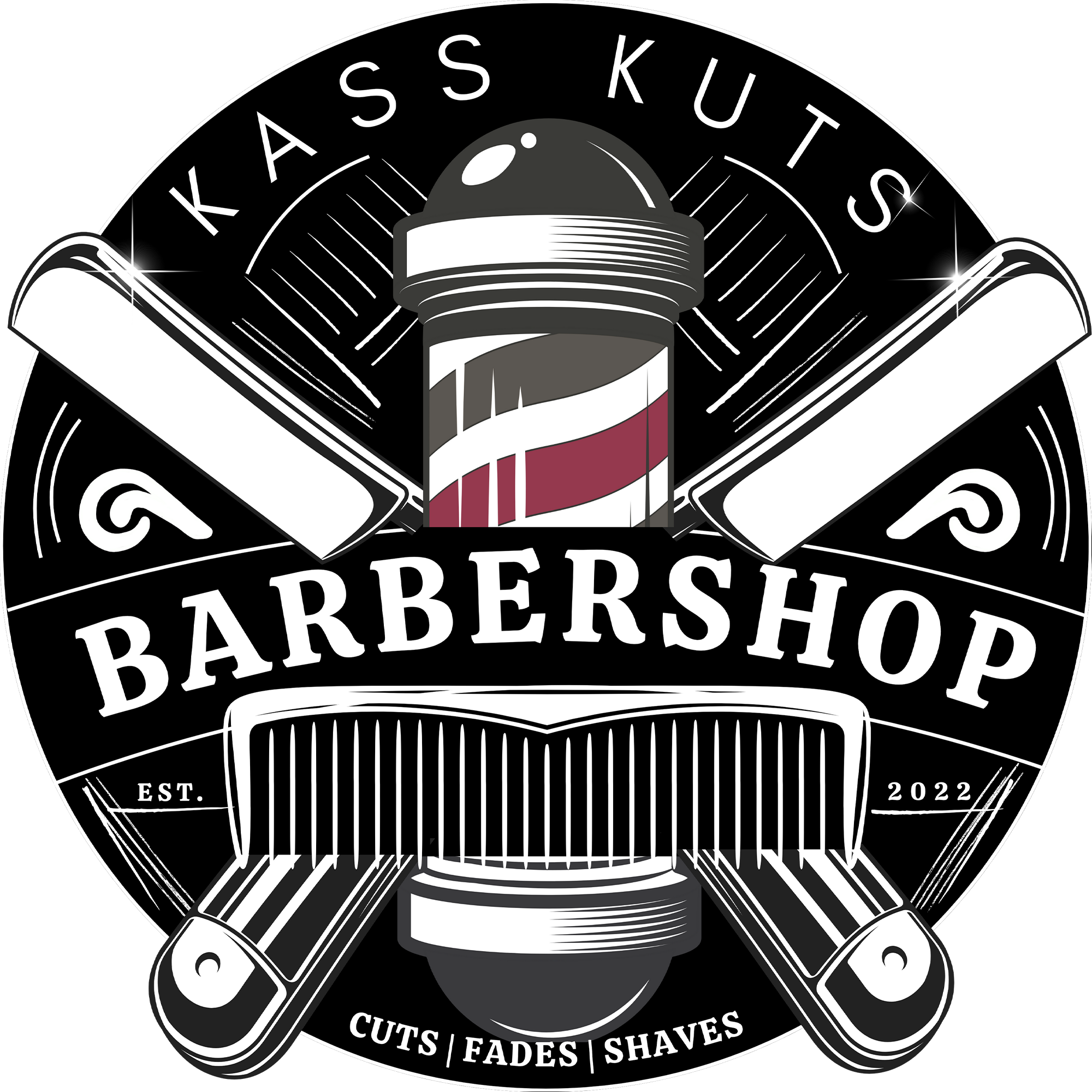 Logo for Kass Kuts Barber Shop with a barber pole, straight razors, and text indicating services like cuts, fades, and shaves, established in 2022