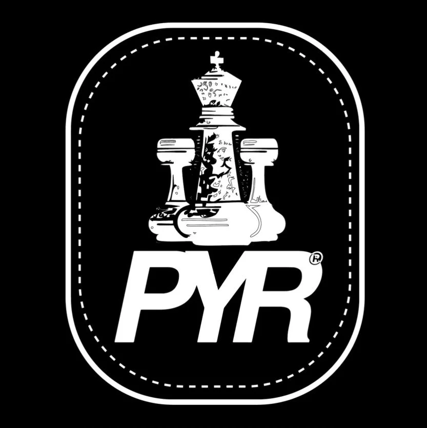 Black background with a white logo featuring a stylized chess king piece and the text 'PYR' below it.