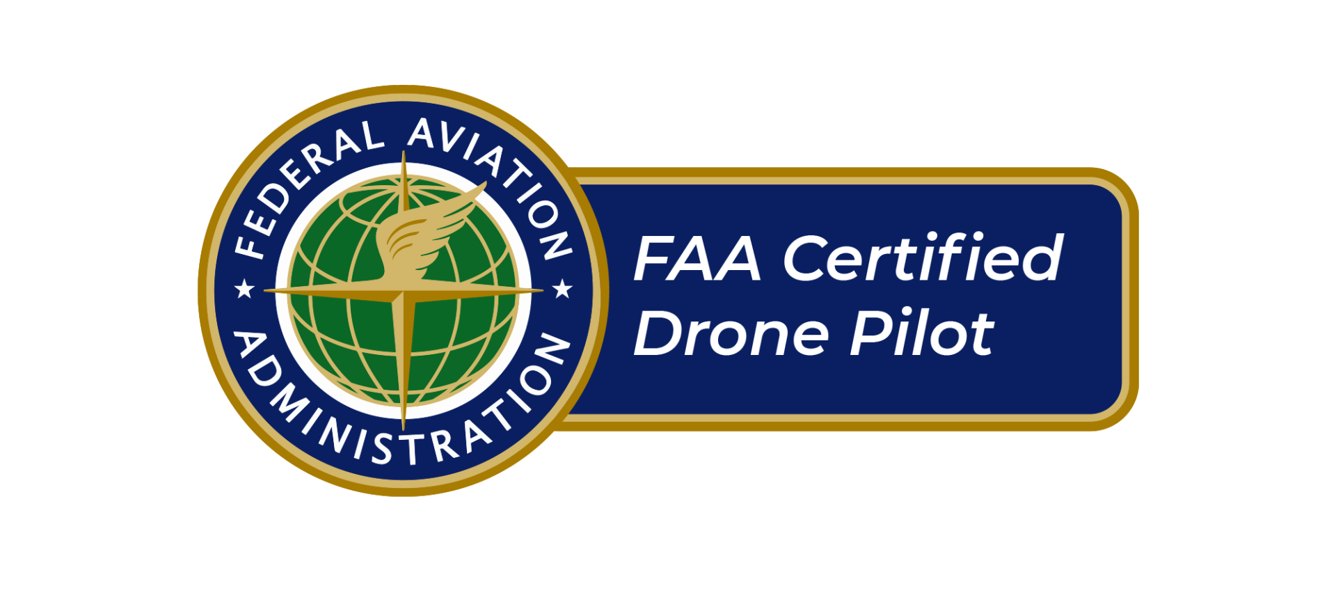 FAA certification badge indicating certification as a Drone Pilot from the Federal Aviation Administration.