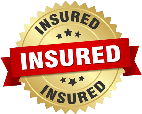 Gold insurance badge with the word "INSURED" in bold white letters on a red ribbon across the center, surrounded by black stars and the word "INSURED" repeated around the edge.