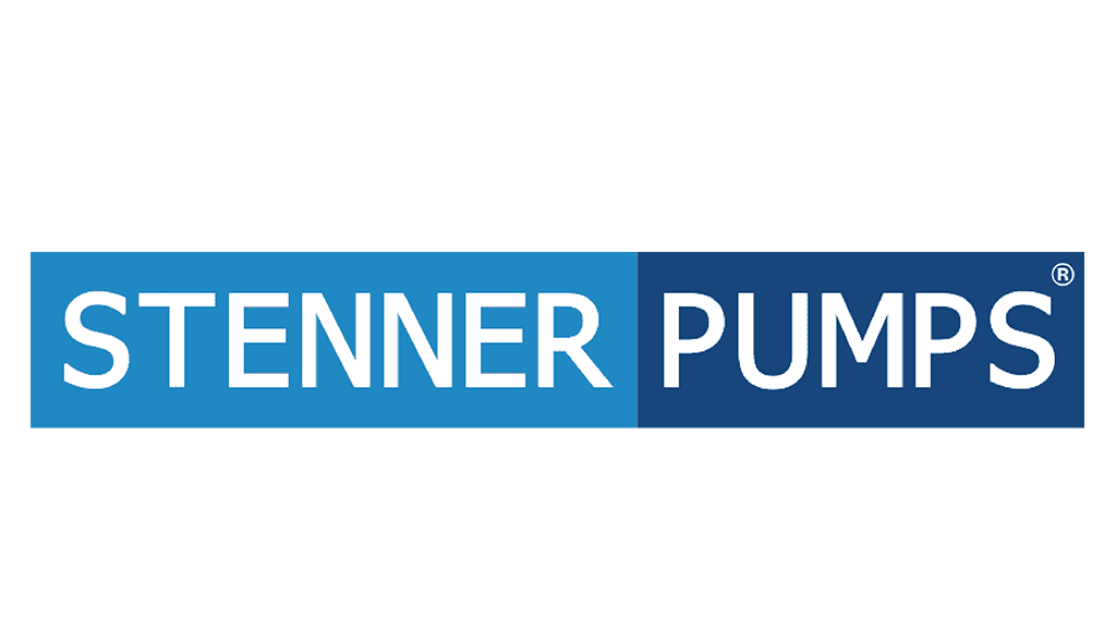 Logo for Stenner Pumps with blue background and white text.