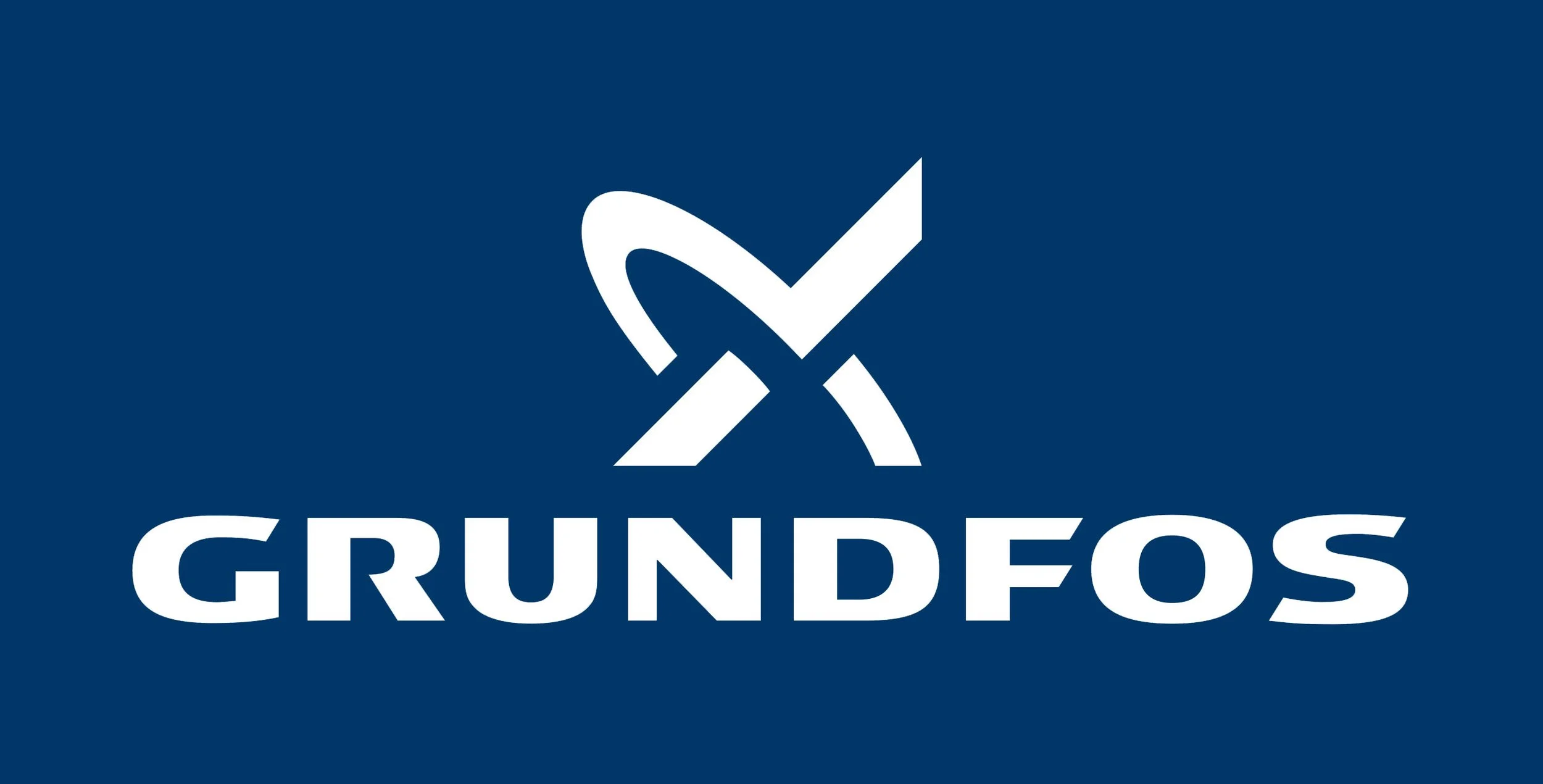 Blue background with white logo of a stylized check mark or swoosh, and the word 'GRUNDFOS' in white capital letters.