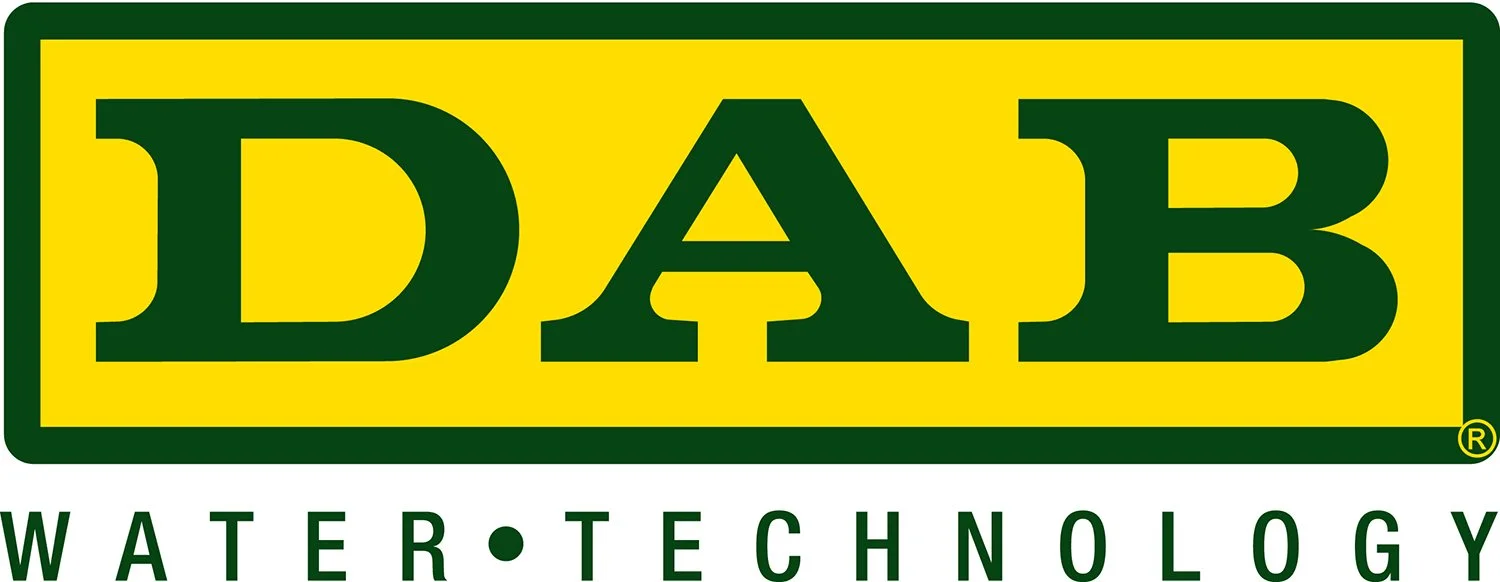 The DAB Water Technology logo featuring the company name in bold green text inside a yellow rectangle with a green outline, and a plus sign separating the words "Water" and "Technology" written in green letters below.