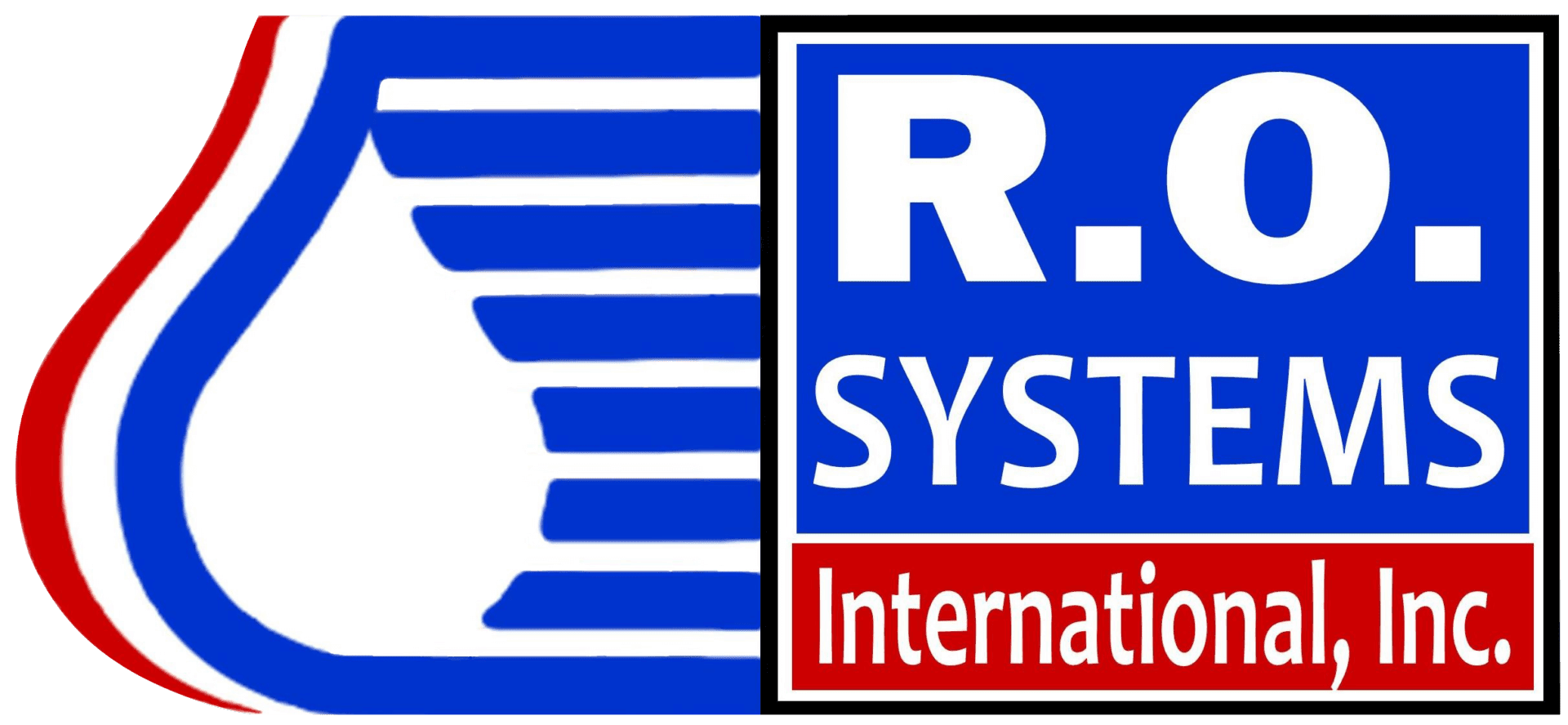 Logo of R.O. Systems International, Inc., featuring a stylized water filter or purification device on the left side and the company name in blue and white text on the right side with a red banner stating 'International, Inc.'