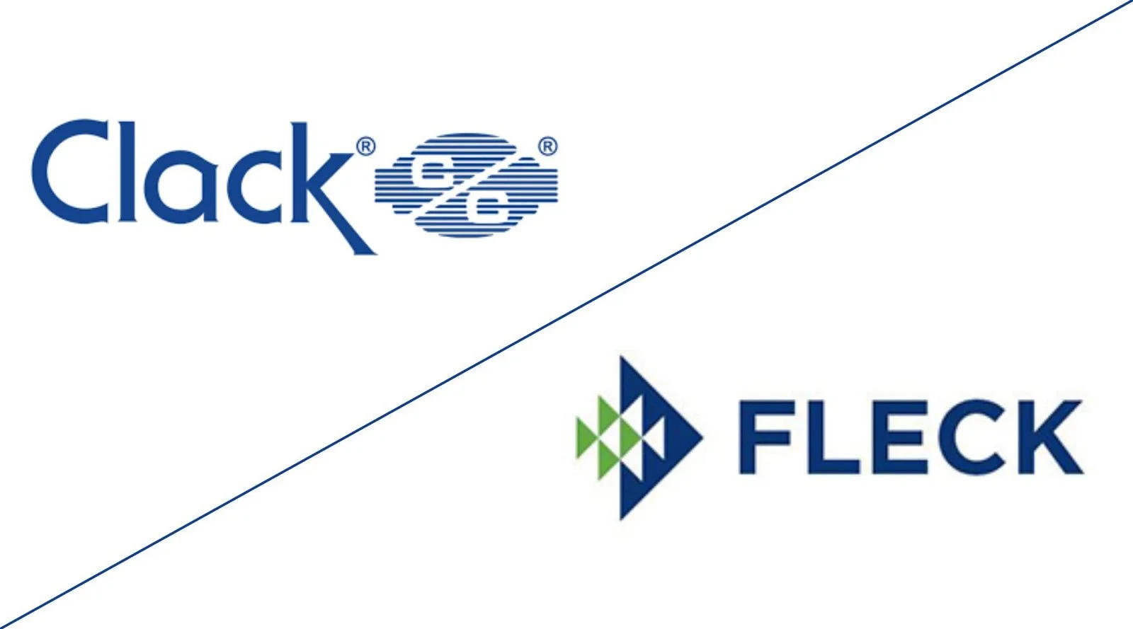 Logo of Clack Co. on the top half and Fleck on the bottom half, separated by a diagonal line.