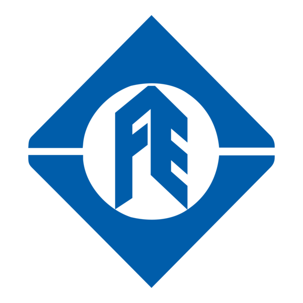 A blue geometric logo with a circular center containing stylized white letters 'F' and 'E' inside a diamond-shaped background.