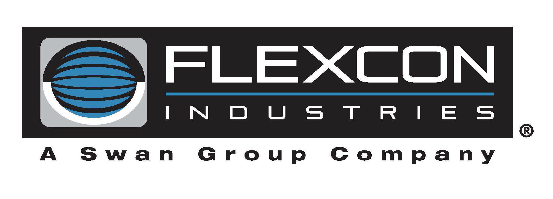 Logo of Flexcon Industries, a Swan Group company, with a globe symbol and company name in bold letters.