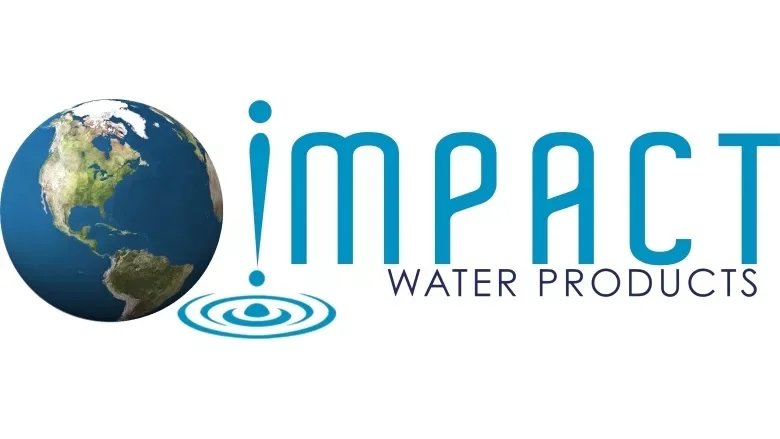 Logo with globe showing North America, water ripple, and text 'Impact Water Products'