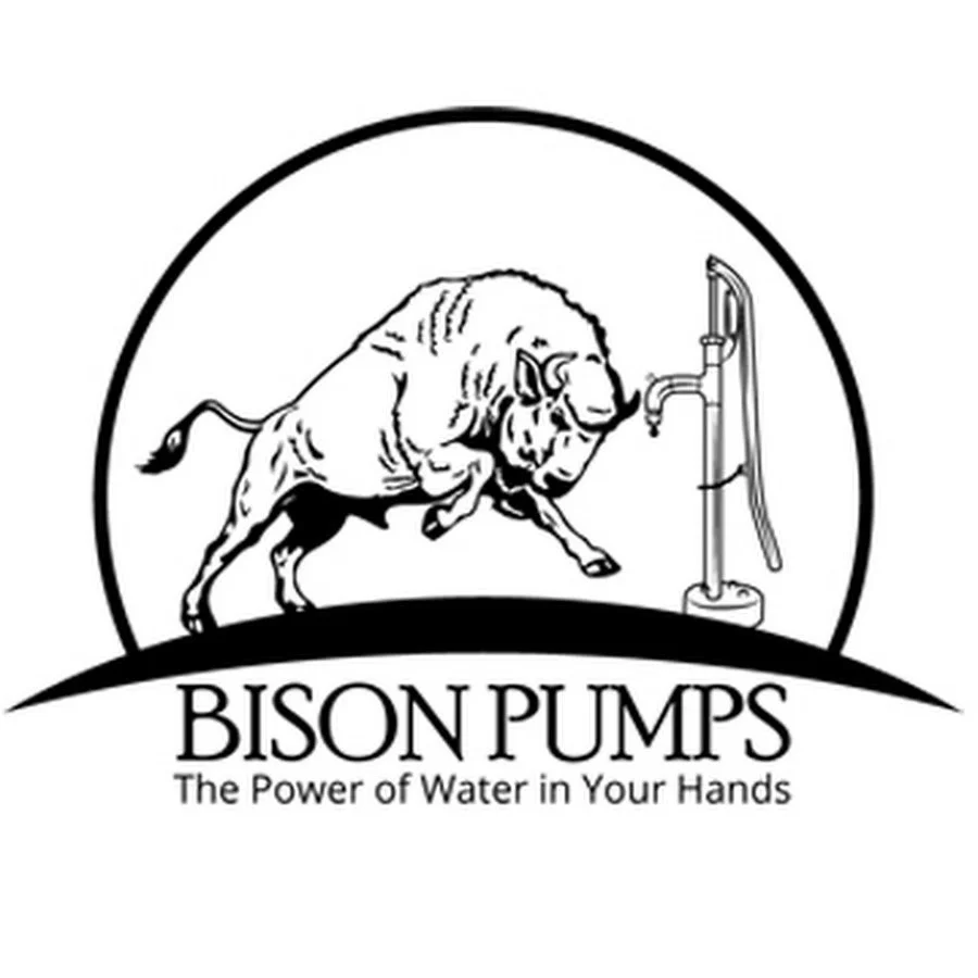 A logo featuring a bison pushing a water pump, with the text 'Bison Pumps' and the slogan 'The Power of Water in Your Hands'.