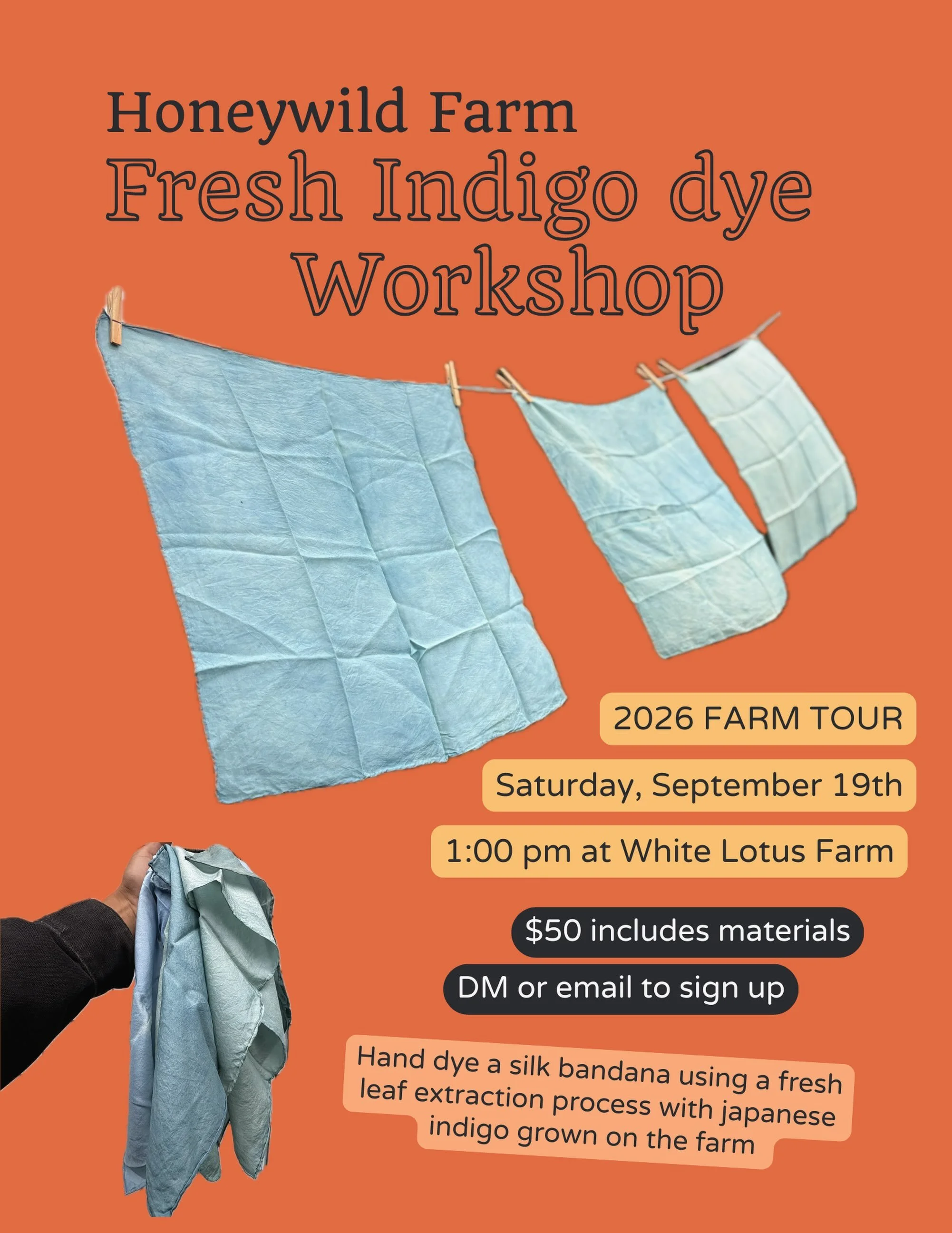 Farm Tour 2026 is coming up!&nbsp;

I&rsquo;ll be hosting a fresh indigo dye workshop during Farm Tour on Saturday, using indigo grown on the farm.

I&rsquo;ll take you through the process from harvest to dye, using our hands to extract pigment from 