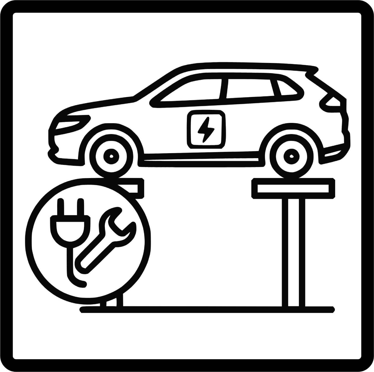 Skizze eines Autos auf einer Hebebühne mit einem Werkzeug- und Stromsteckdosen-Symbol darunter.