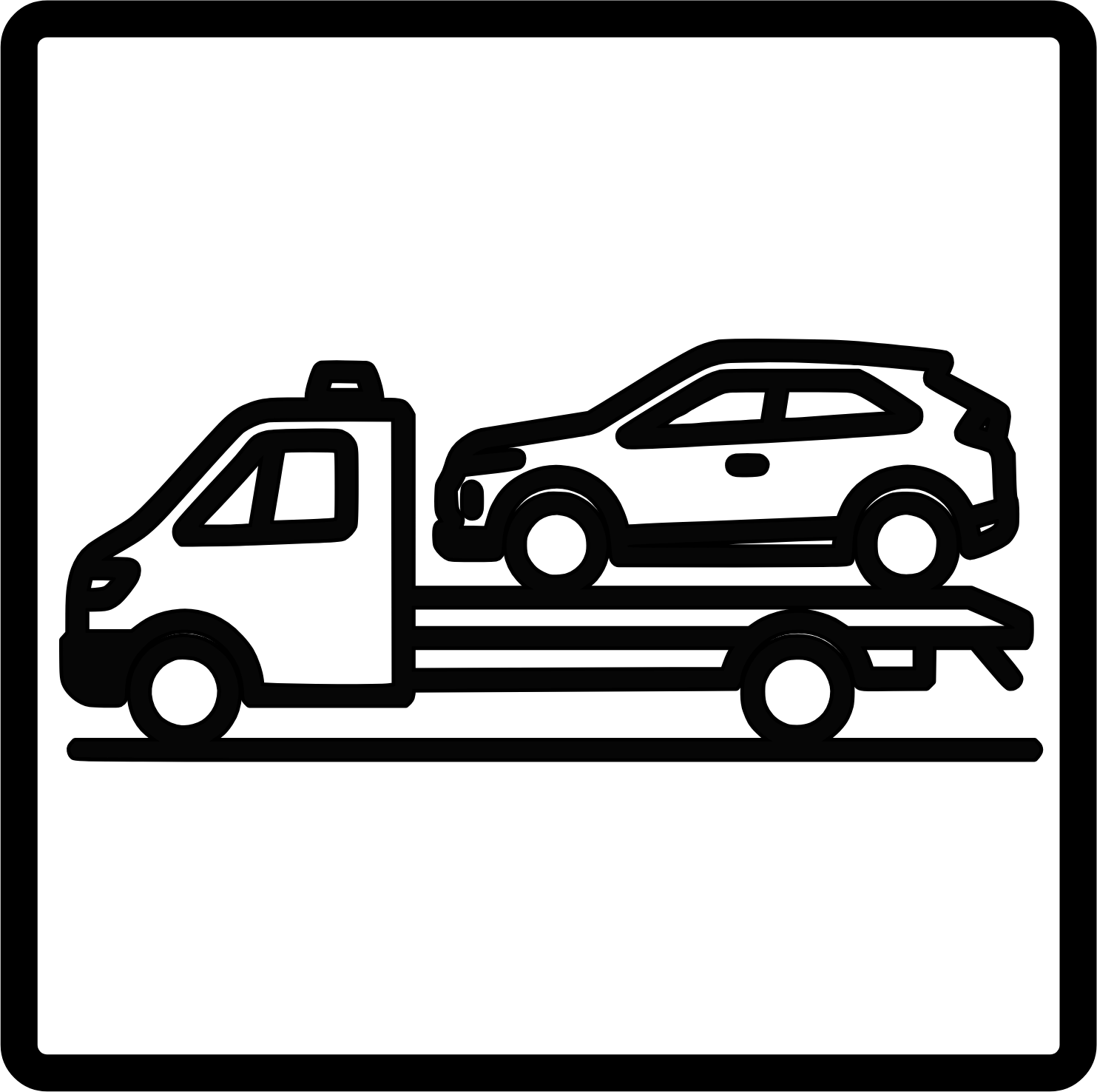 Schwarz-weiß Illustration eines Abschleppwagens mit einem aufgeladenen Auto.