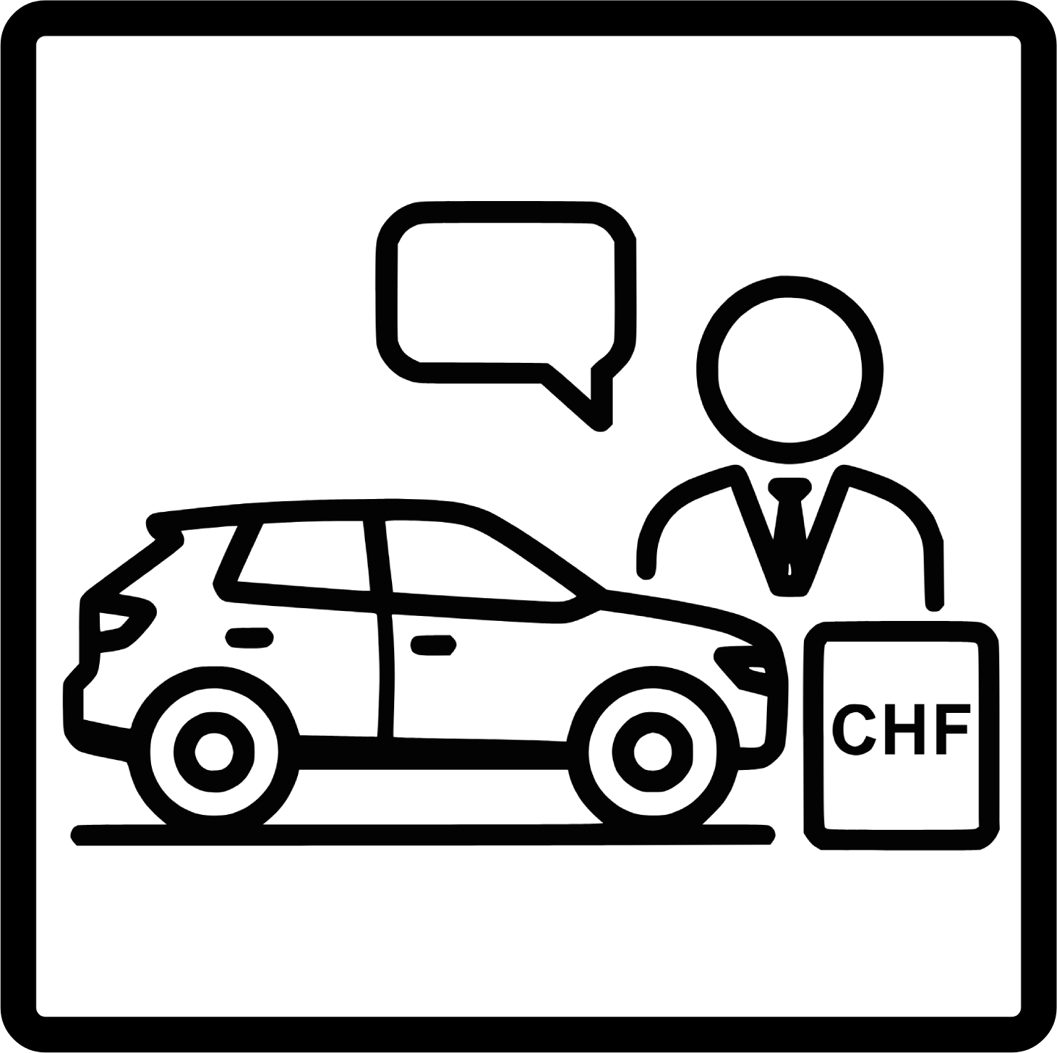 Eine Illustration eines Mannes, der neben einem Auto steht, mit einem Sprechblasen-Symbol und einem Koffer mit der Aufschrift 'CHF'.