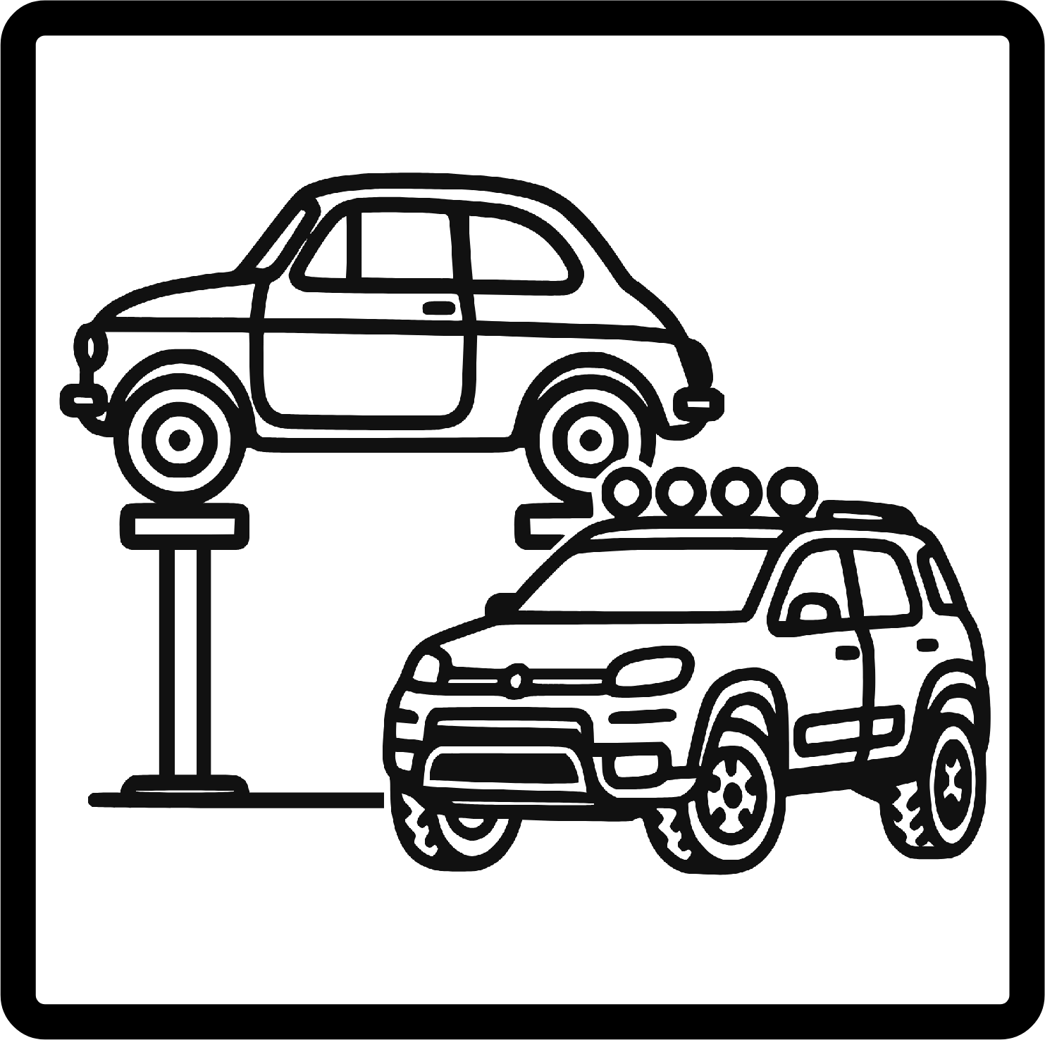 Ein schwarzer Aufzugsmechanismus mit zwei Autos, eines auf einem Podest und ein anderes auf der Straße, beide schematisch dargestellt.