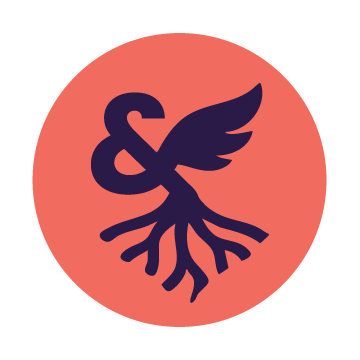 A dark purple ampersand with roots extending from the bottom and a single wing extending from the top right, on a vibrant coral pink background, symbolizing rooted stability and uplifted growth.