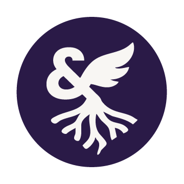 A white ampersand with roots extending from the bottom and a single wing extending from the top right, on a dark purple background, symbolizing rooted stability and uplifted growth.