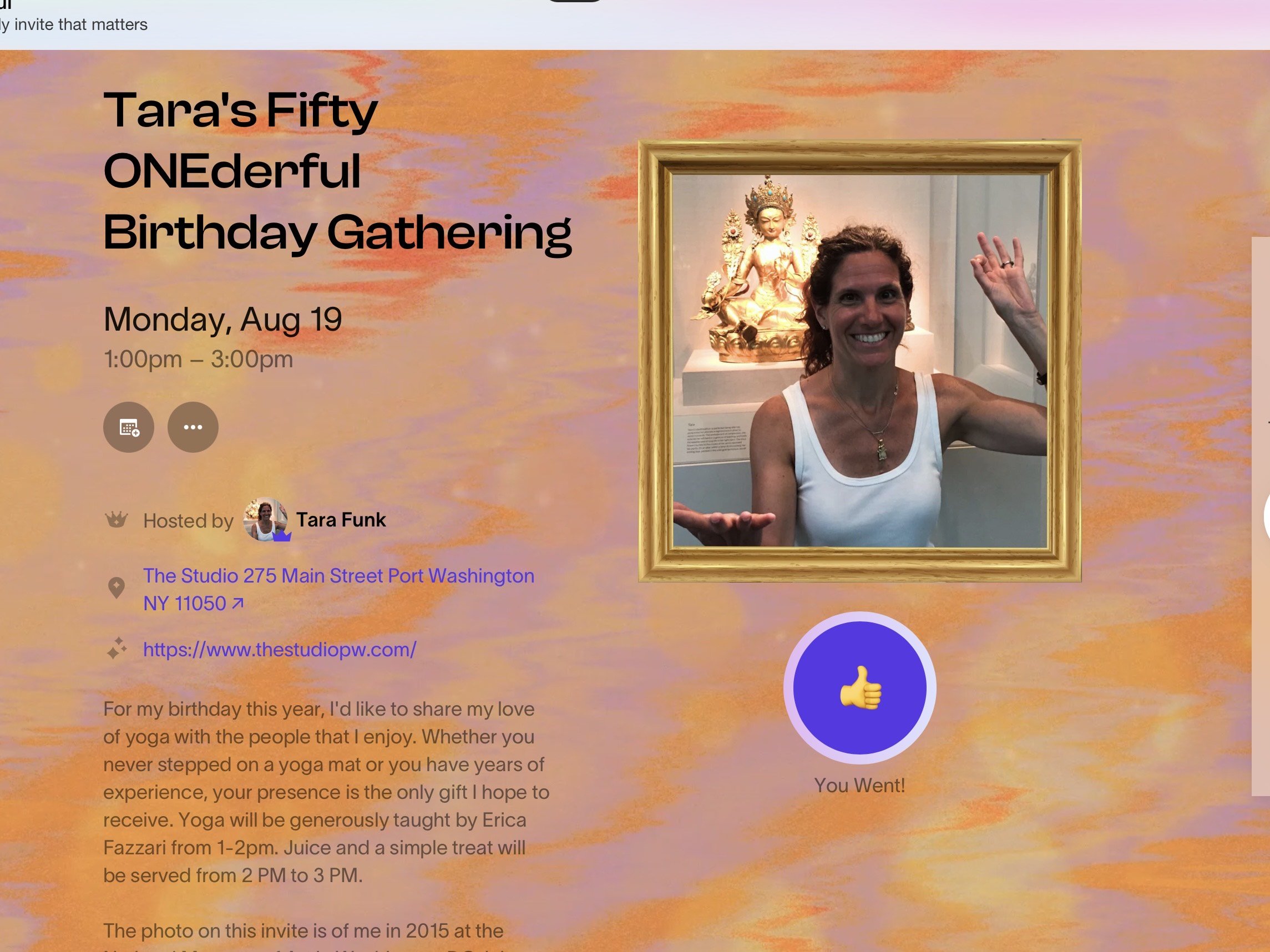 Digital invitation for Tara's fifty first birthday gathering featuring a woman smiling and waving inside a gold picture frame, with a colorful, pastel background. The invitation details include date, time, host, location, and a description of the celebration.