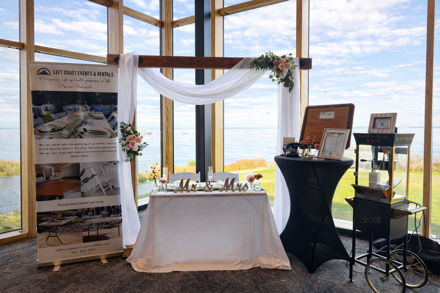 We had the pleasure of attending the Port Angeles Wedding Expo as a vendor. During the event, we highlighted some of our most popular rental inventory, including our wood arch, dance floor, popcorn machine, various tables and chairs, and our decor co