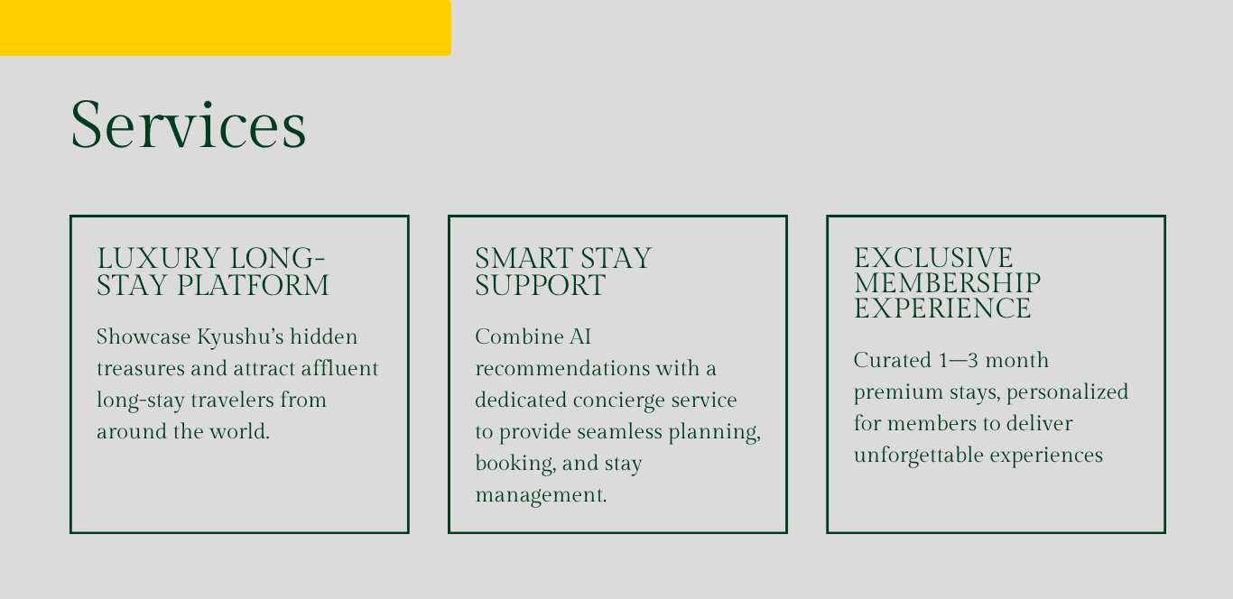 Section of a website displaying three services: Luxury Long-Stay Platform, Smart Stay Support, and Exclusive Membership Experience, with descriptions under each heading.
