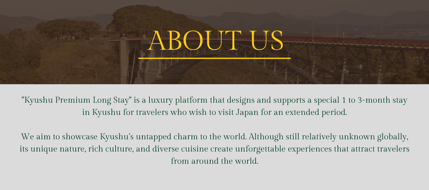 A webpage about Kyushu Premium Long Stay with a background photo of a bridge over a hilly landscape and text describing the platform and Kyushu's attractions.