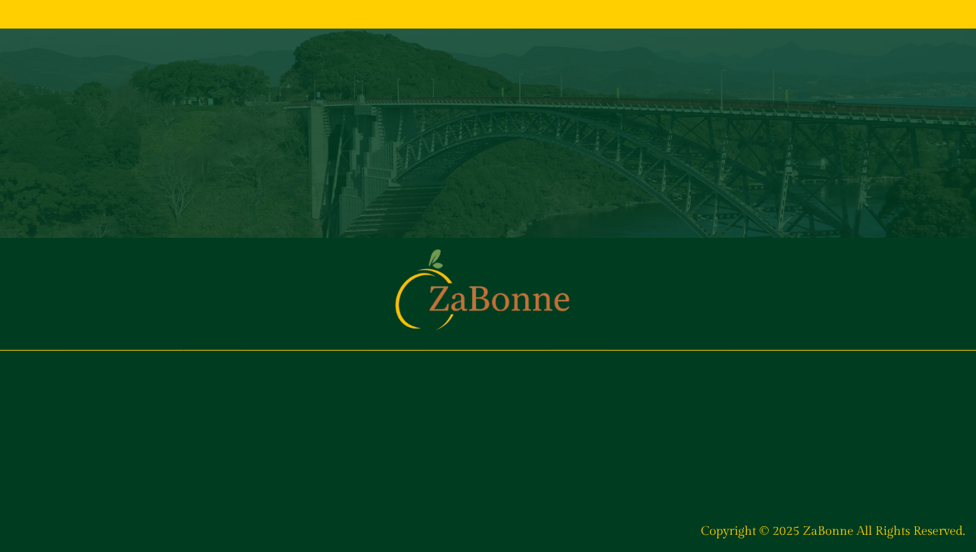 Green landscape with bridge and logo for ZaBonne, featuring a stylized orange and green design, with a yellow stripe at the top and a copyright notice at the bottom.