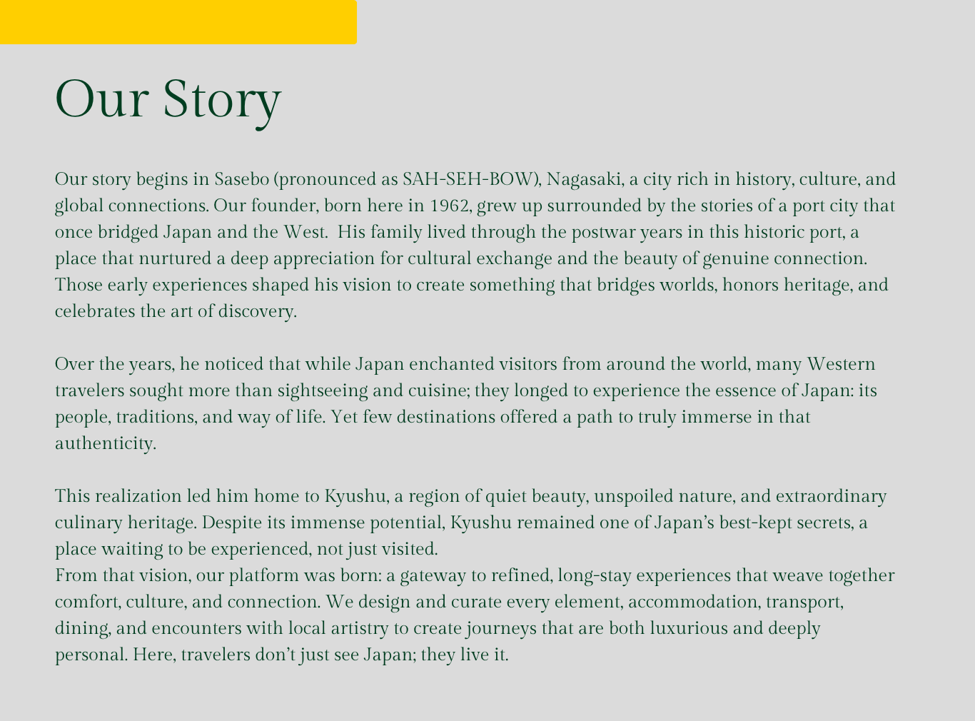 Text titled "Our Story" describing the history, culture, and travel experiences in Nagasaki, Japan, with a focus on Kyushu's natural beauty and cultural heritage.