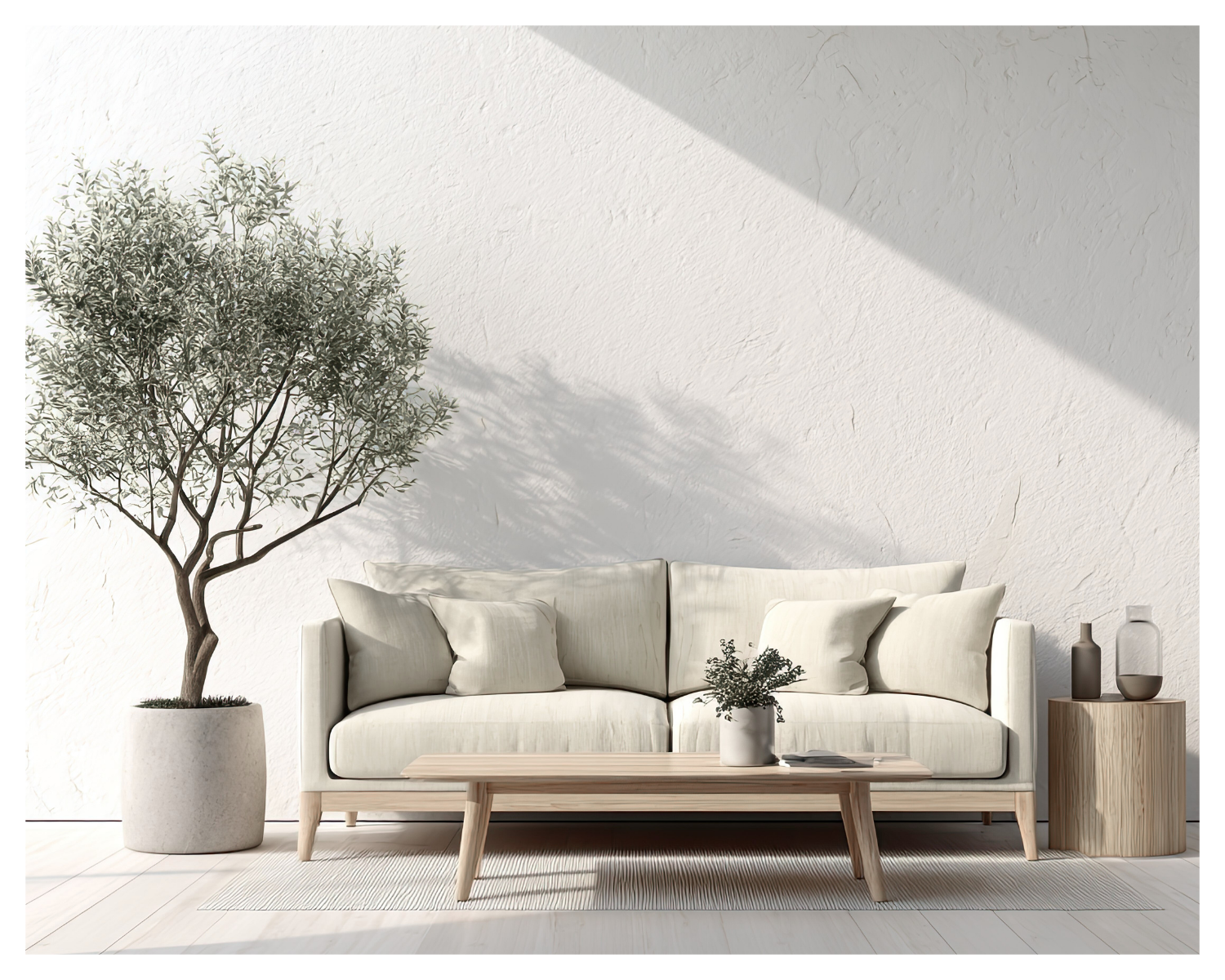 Minimalistic living room with a white sofa, beige cushions, a wooden coffee table with a potted plant, a side table with decorative vases, a potted tree, and textured white walls.