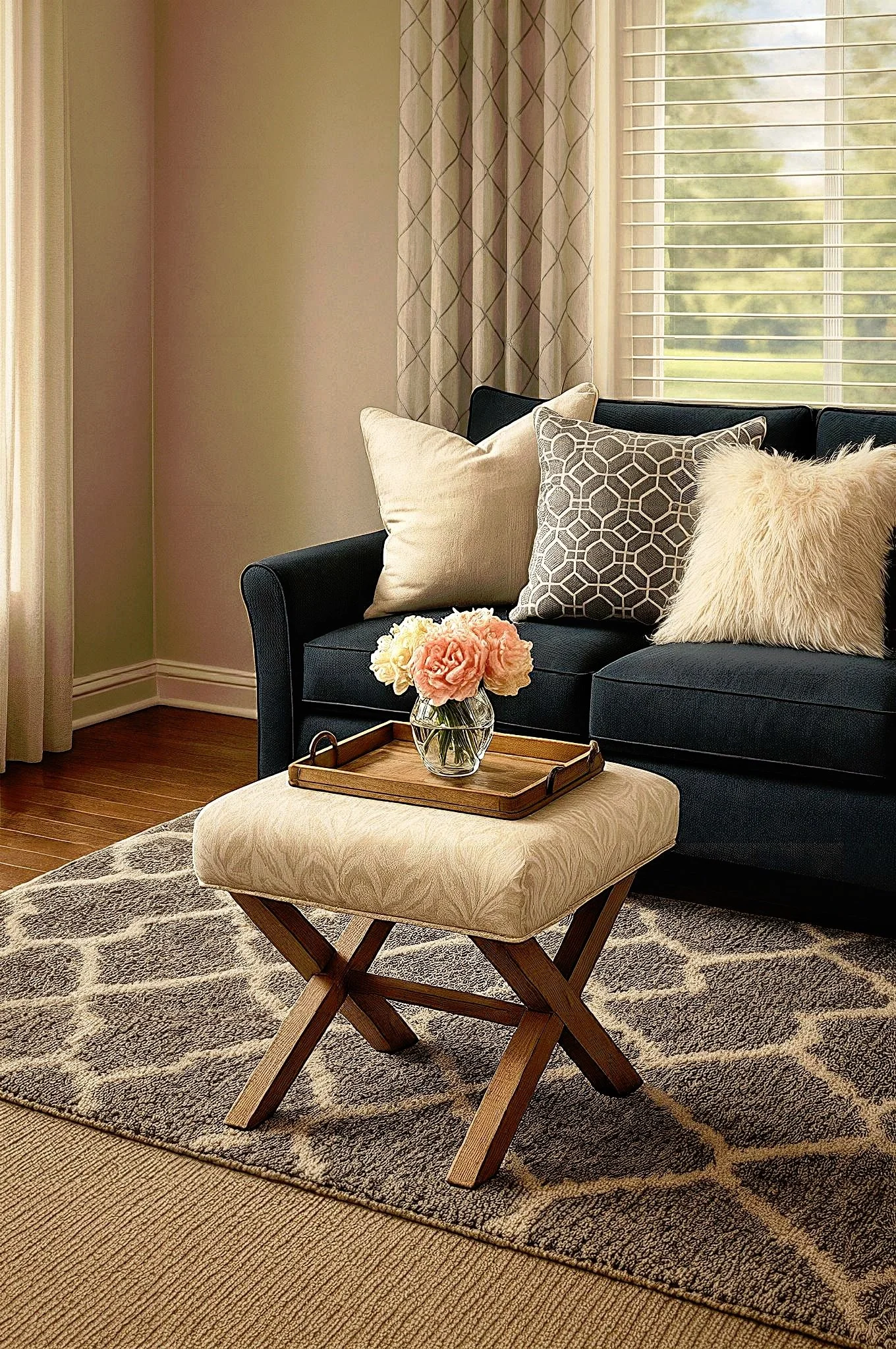 A cozy living room corner featuring a black sofa with decorative pillows, a wooden stool with a floral arrangement, a patterned rug, and natural light coming through window blinds.