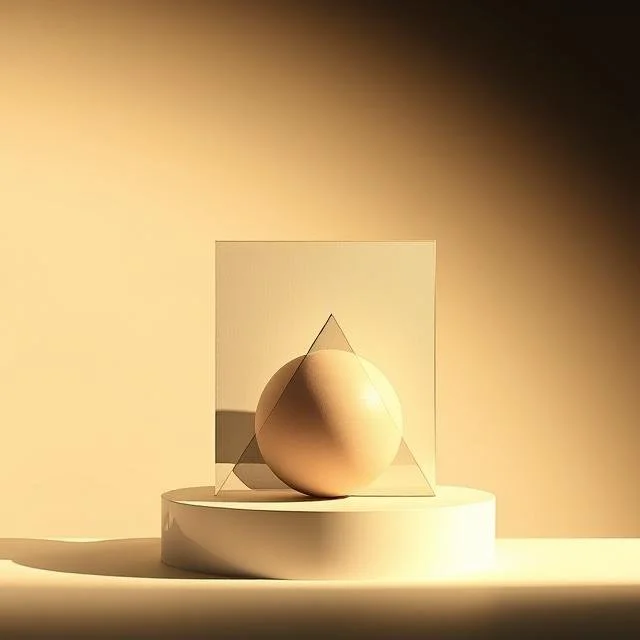 A beige egg balanced inside a transparent square frame on a round white platform, with soft warm lighting casting shadows.