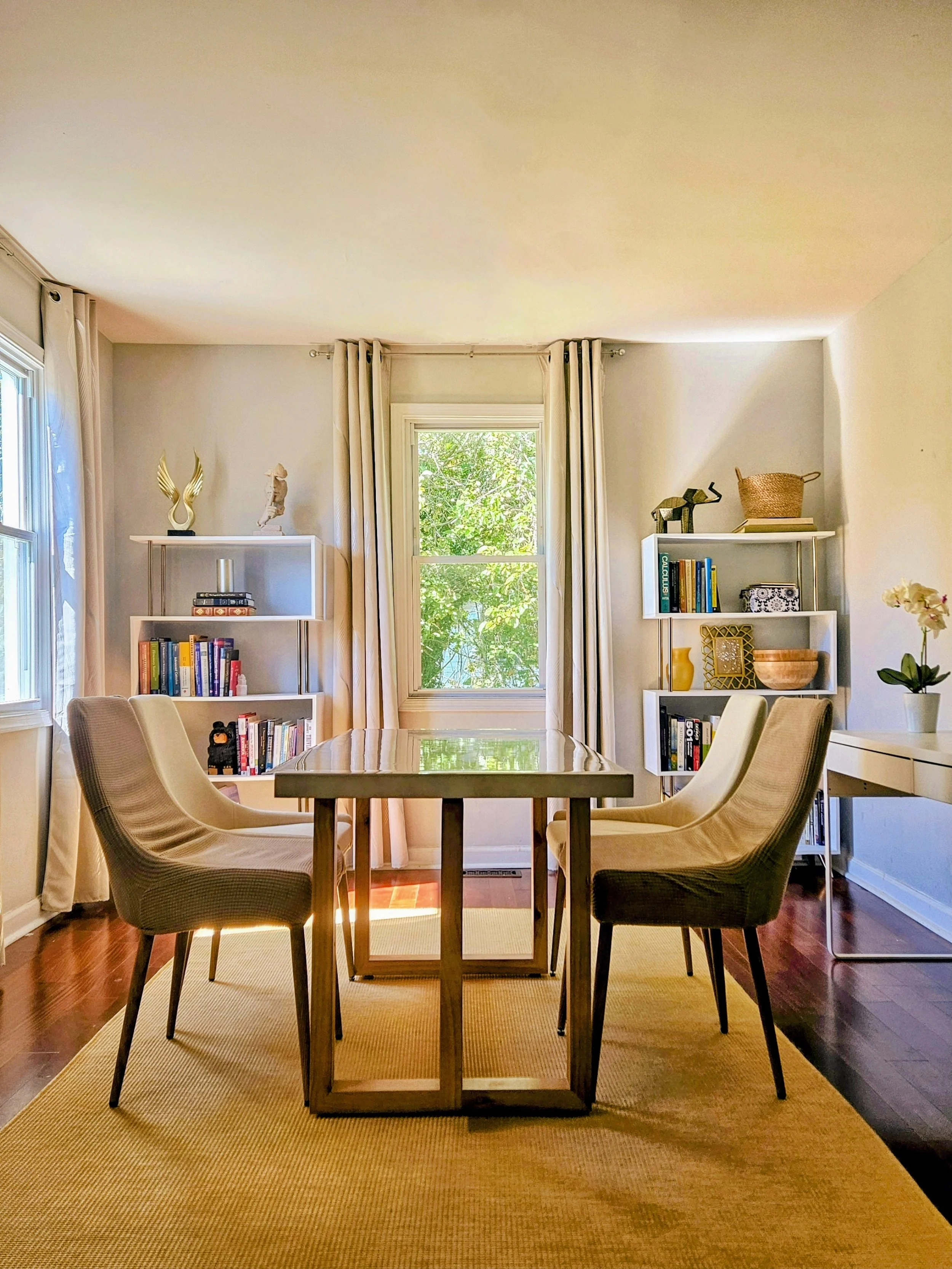 Very relaxed and Casual Japandi and Contemporary style dining room transformed from a cold blue palette. 