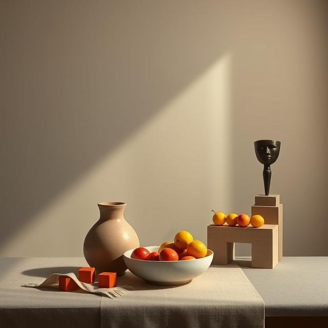 A still life scene with a beige vase, a white bowl filled with oranges and lemons, a black sculpture of a head on a square pedestal, and three small orange blocks on a beige cloth, with a diagonal sunlight shadow on a plain wall.