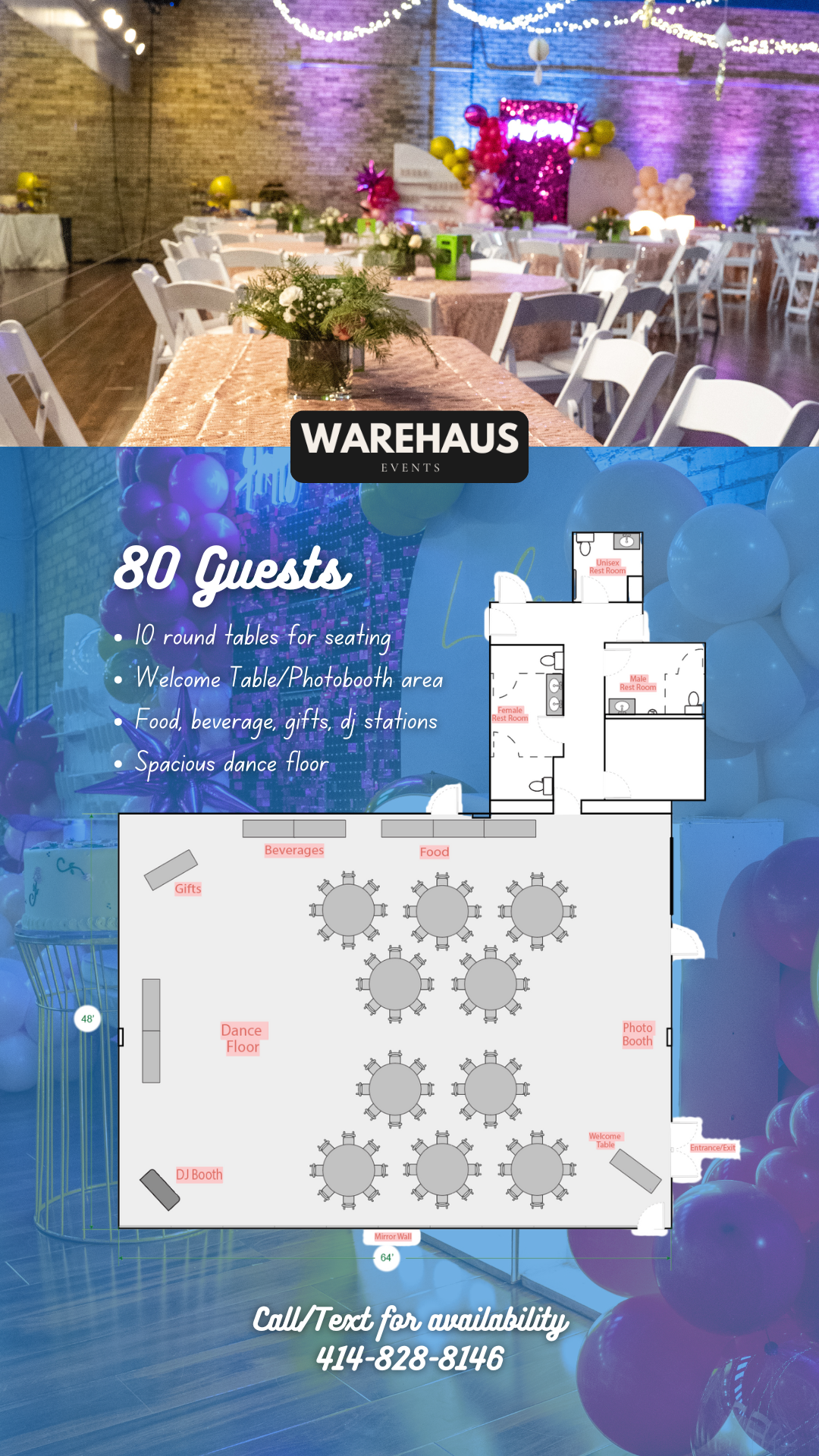 Warehaus Events Milwaukee banquet hall set for an 80-guest event with round tables, white chairs, spacious dance floor, balloon décor, and custom floor plan showing seating, DJ booth, photo booth, food, and beverage stations.