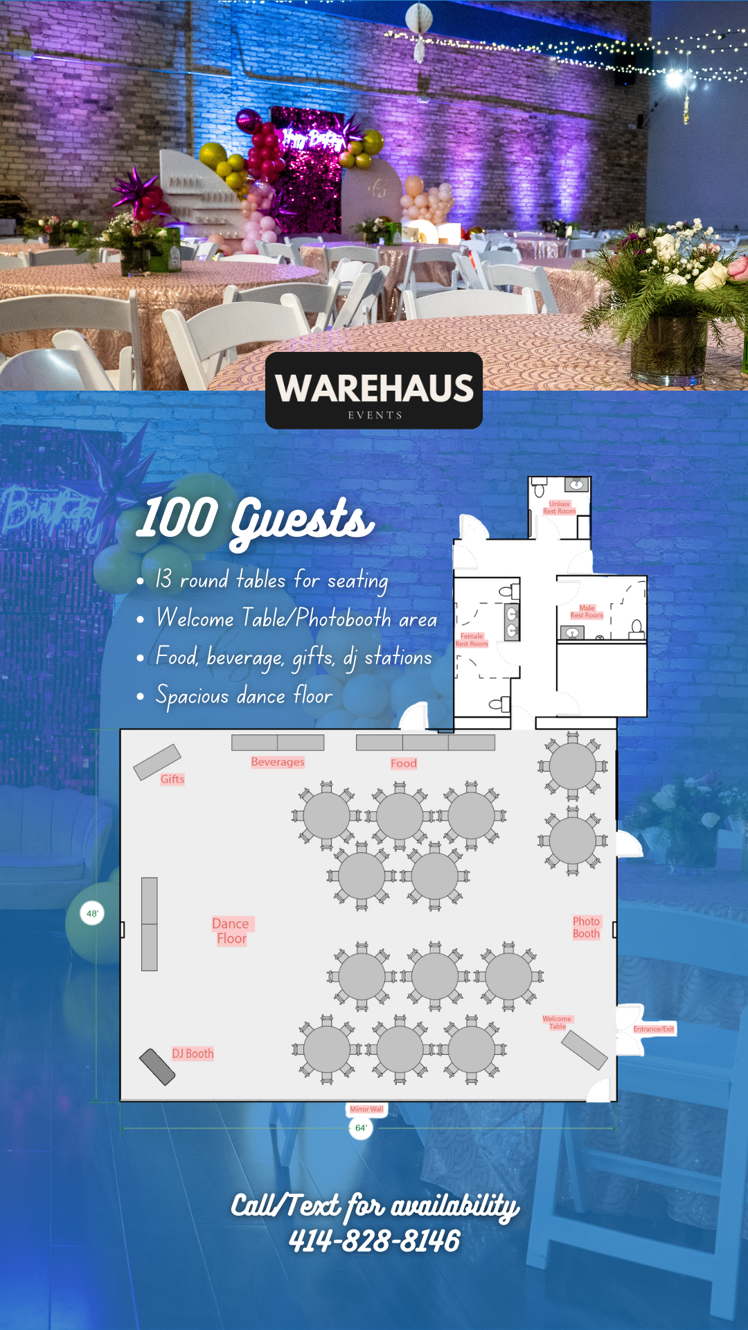 Industrial event venue in Milwaukee set for 100 guests at Warehaus Events, featuring round table seating, pink and gold décor, large dance floor, DJ booth, photo booth area, and detailed event layout floor plan.